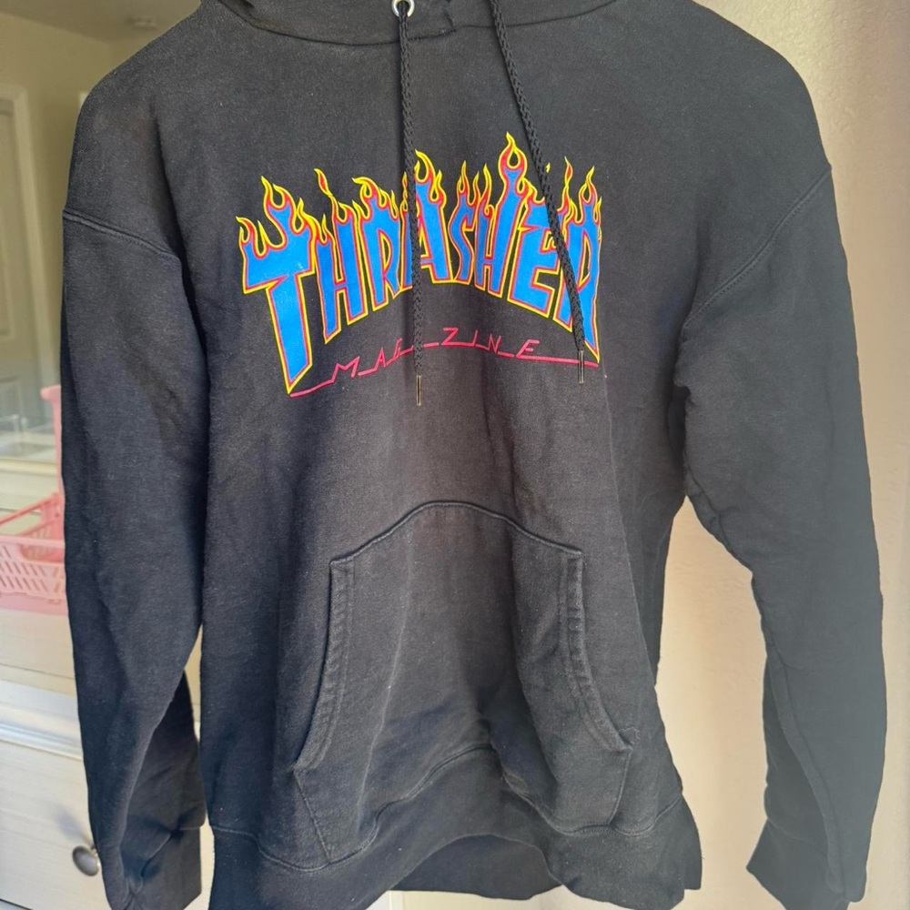 Thrasher Black Hoodie with Blue and Yellow Flame Design - Picture 2 of 2